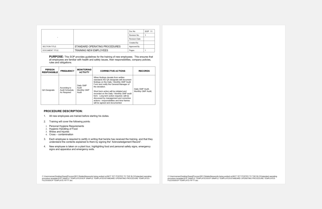 SOP template for training employees