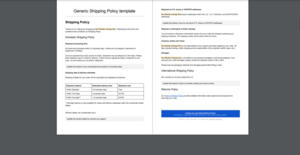 Product Shipping Policy and Procedure Template