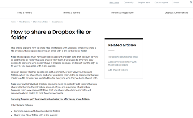 how to share a dropbox file or folder