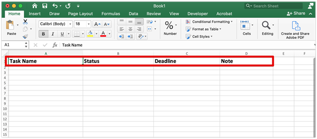 Create column headings on the spreadsheet