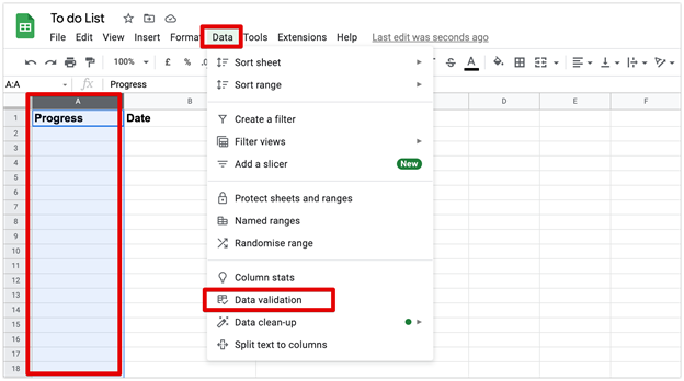 Add data validation to the progress column