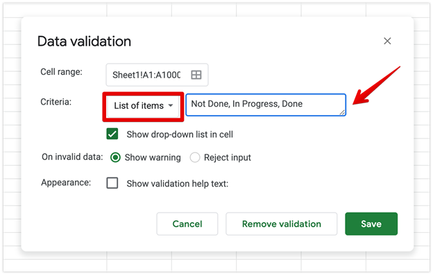 Complete the data validation setting