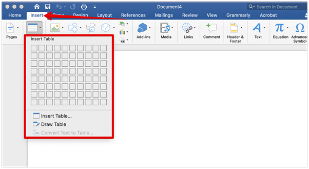 Insert table into the document