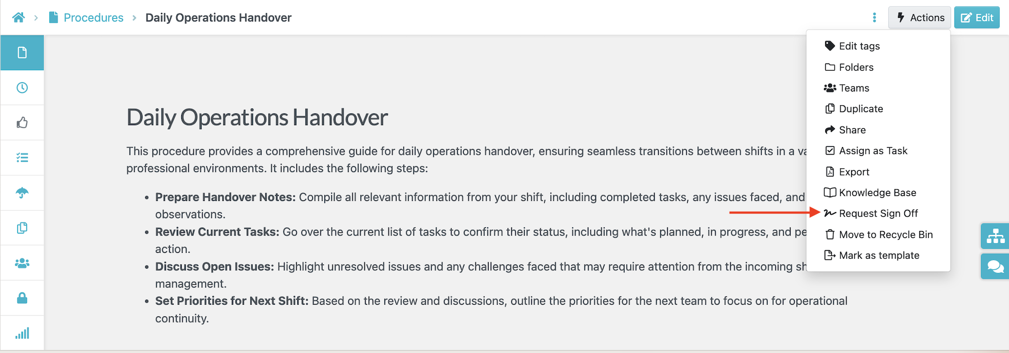 SweetProcess Actions menu with Request Sign Off highlighted on Daily Operations Handover.