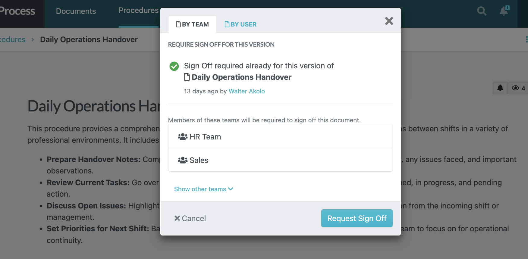 SweetProcess sign-off dialog listing HR Team and Sales for Daily Operations Handover.