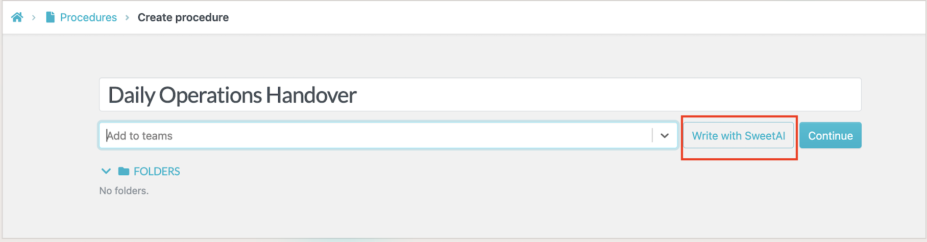 Write with SweetAI button highlighted beside the Daily Operations Handover procedure title.