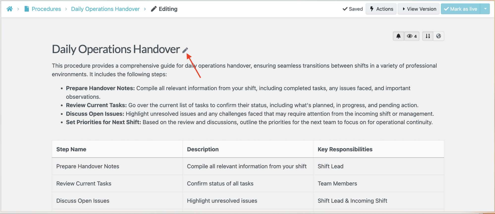 Daily Operations Handover draft in the SweetProcess editor with its title-edit pencil highlighted.