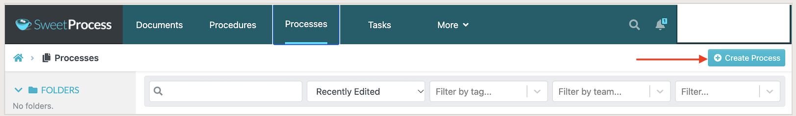 SweetProcess Processes tab with the Create Process button highlighted.