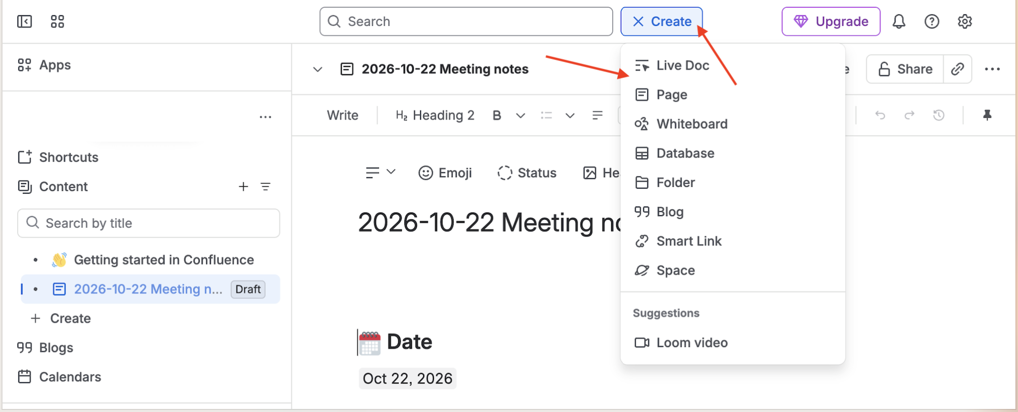 Confluence Create menu offering Live Doc, Page, Whiteboard, Database, Folder, Blog, Smart Link, and Space.