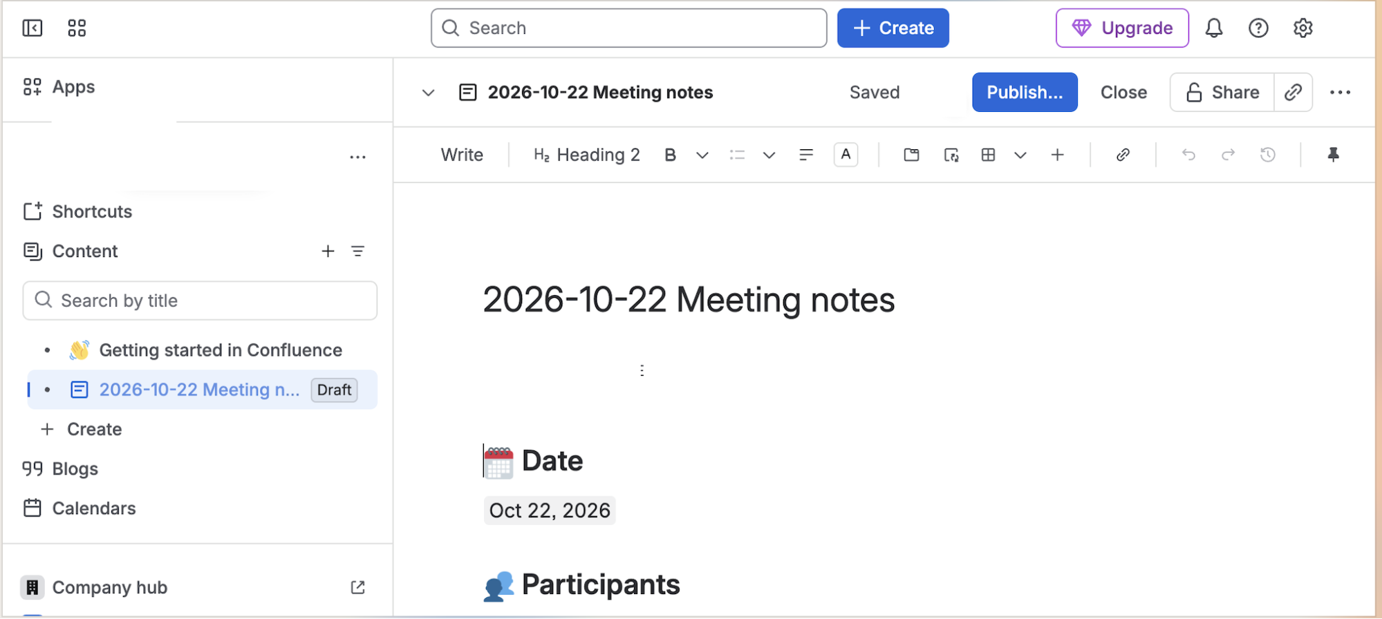 Confluence meeting-notes draft with content navigation, editor toolbar, and Publish button.