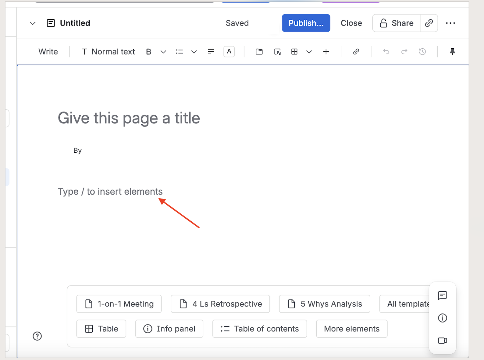 Blank Confluence page editor with the slash-command prompt and table, panel, and template shortcuts.