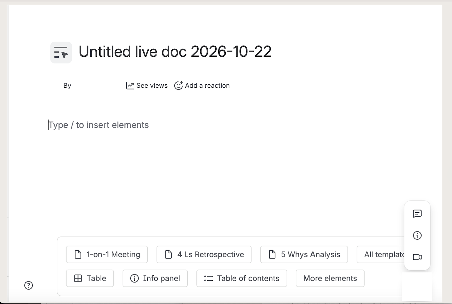 Empty Confluence live doc with template shortcuts and the insert-elements prompt.