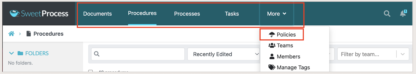 SweetProcess navigation for Documents, Procedures, Processes, Tasks, and Policies.