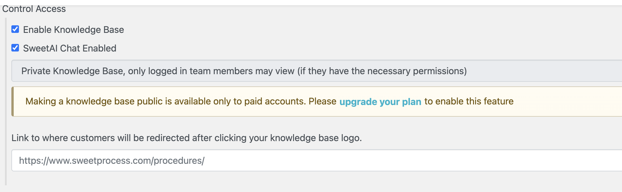 SweetProcess Control Access settings showing a private knowledge base, a paid-account public-access notice, and the logo-click redirect URL field.
