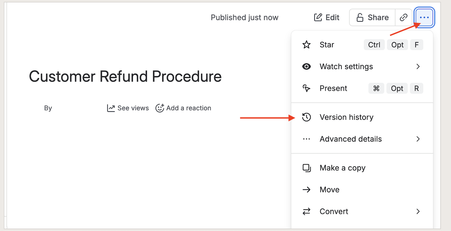 Confluence page menu with Version history highlighted on Customer Refund Procedure.