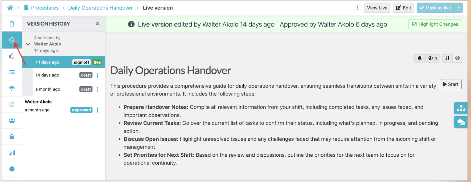SweetProcess version-history panel showing draft, approved, sign-off, and live states for Daily Operations Handover.