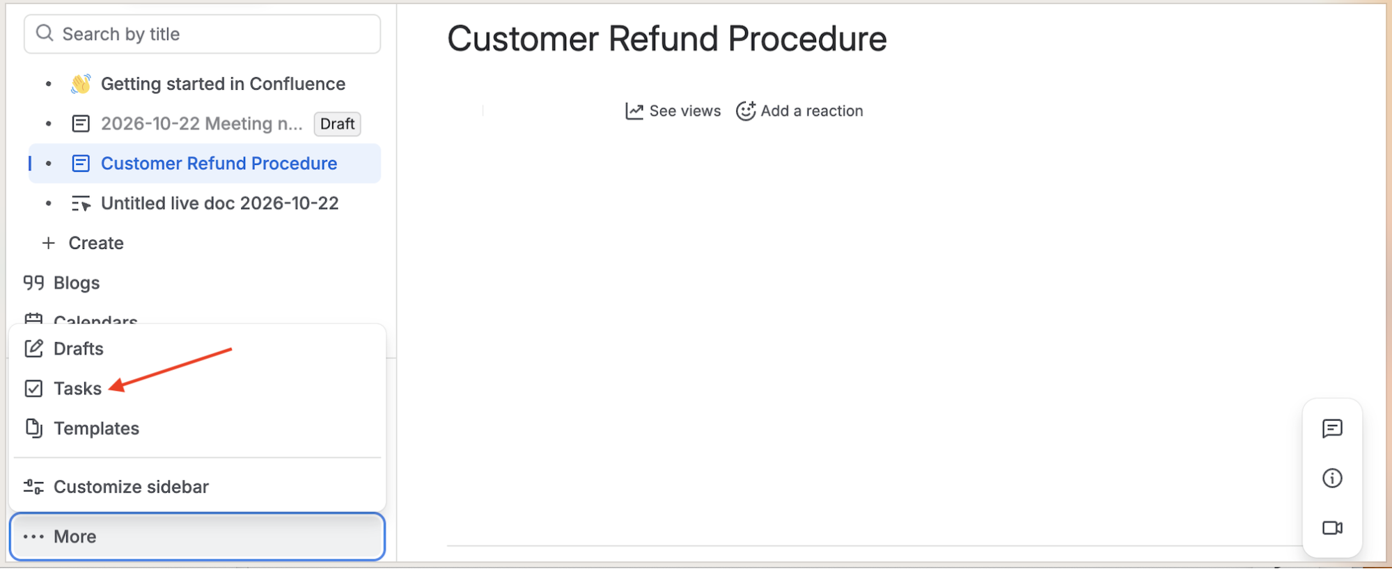 Confluence sidebar More menu with Tasks highlighted beside Customer Refund Procedure.