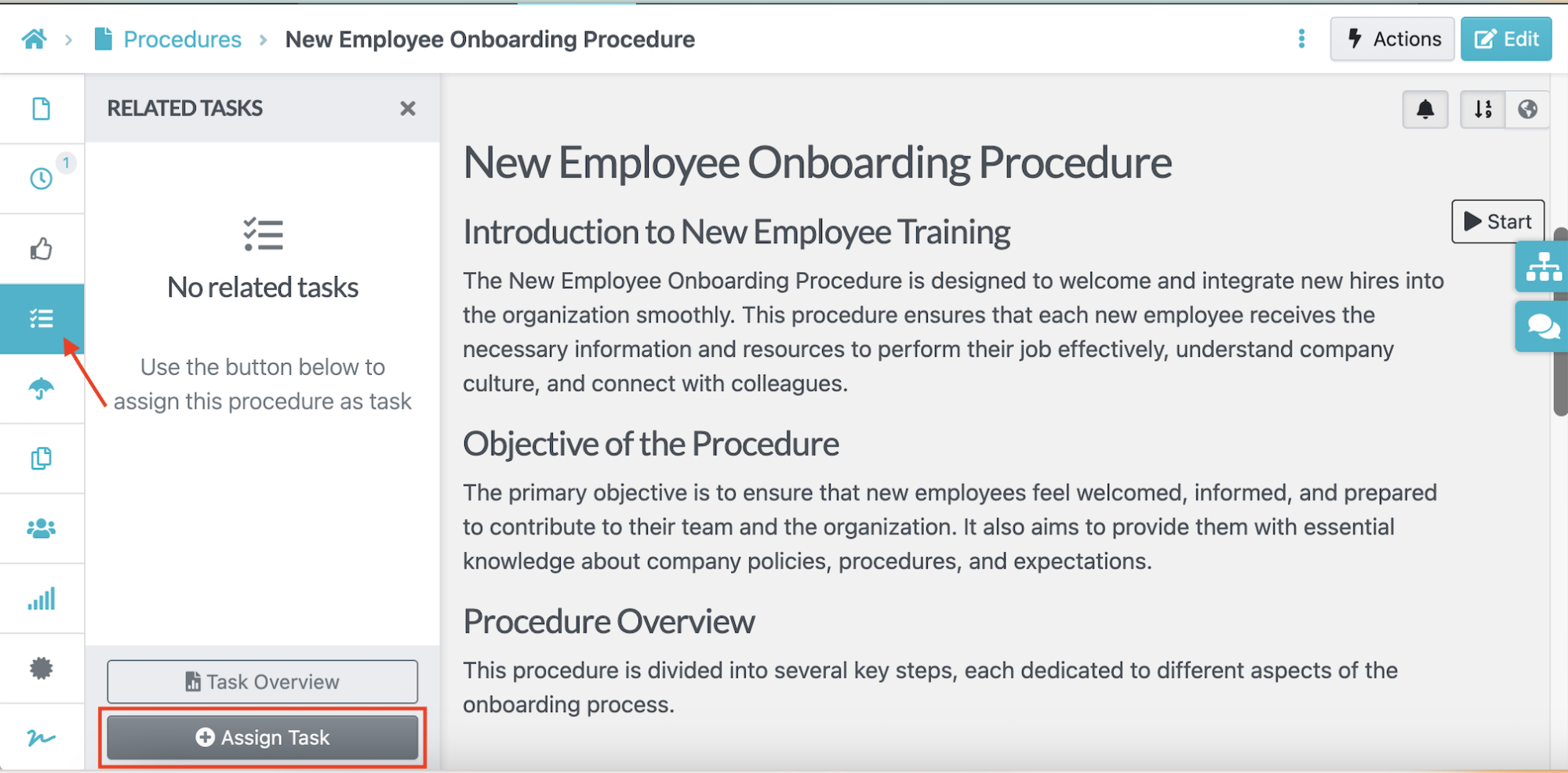 SweetProcess Related Tasks panel with Assign Task highlighted for New Employee Onboarding Procedure.