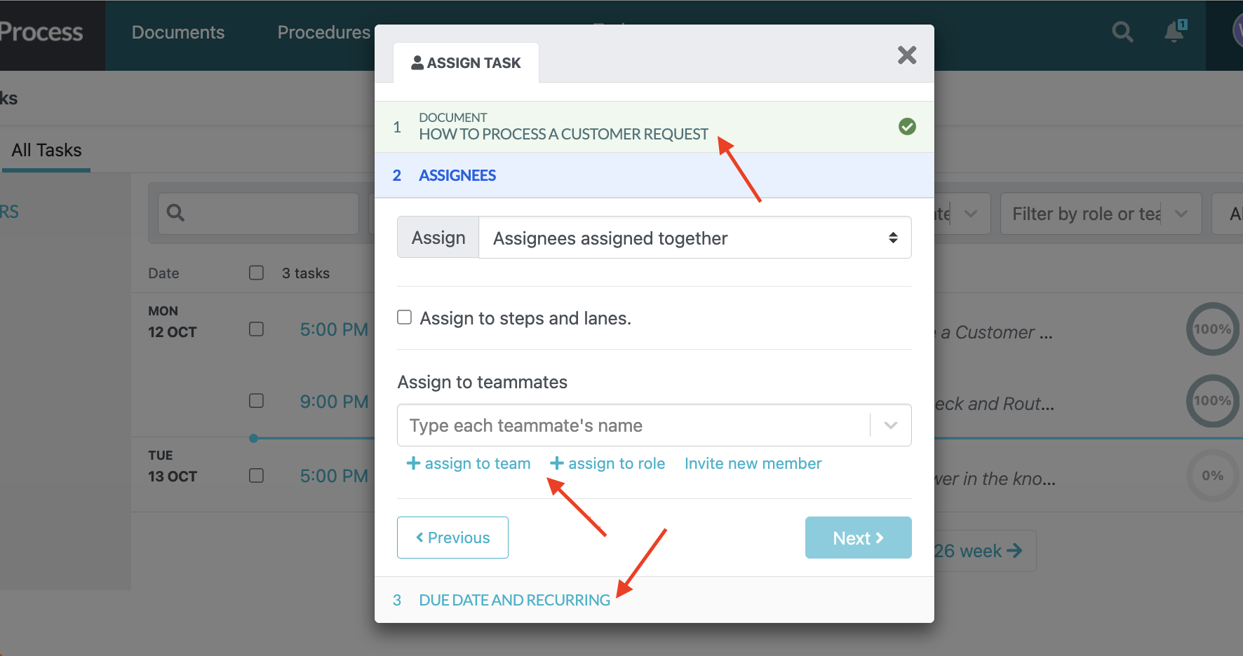 SweetProcess Assign Task dialog with teammate, team, and role assignment options and a Due Date and Recurring section.