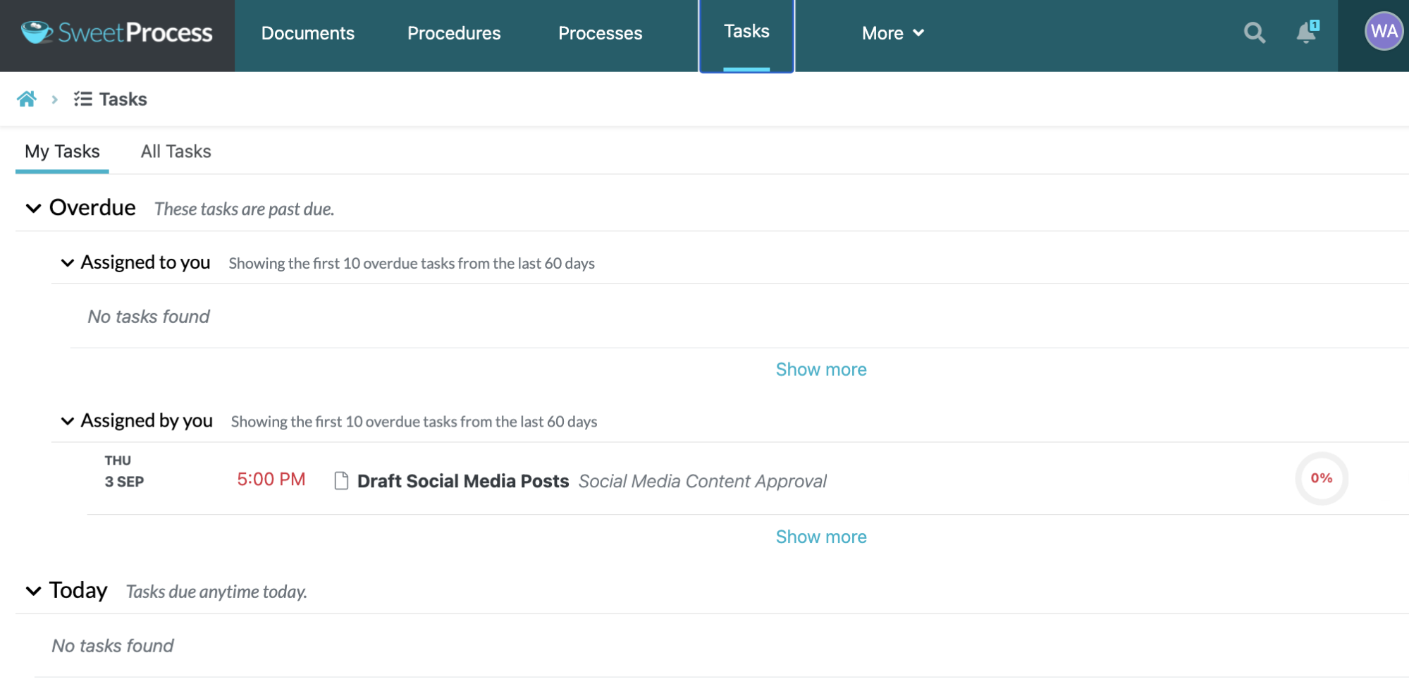 SweetProcess My Tasks view showing an overdue social-media draft at zero percent and an empty Today section.