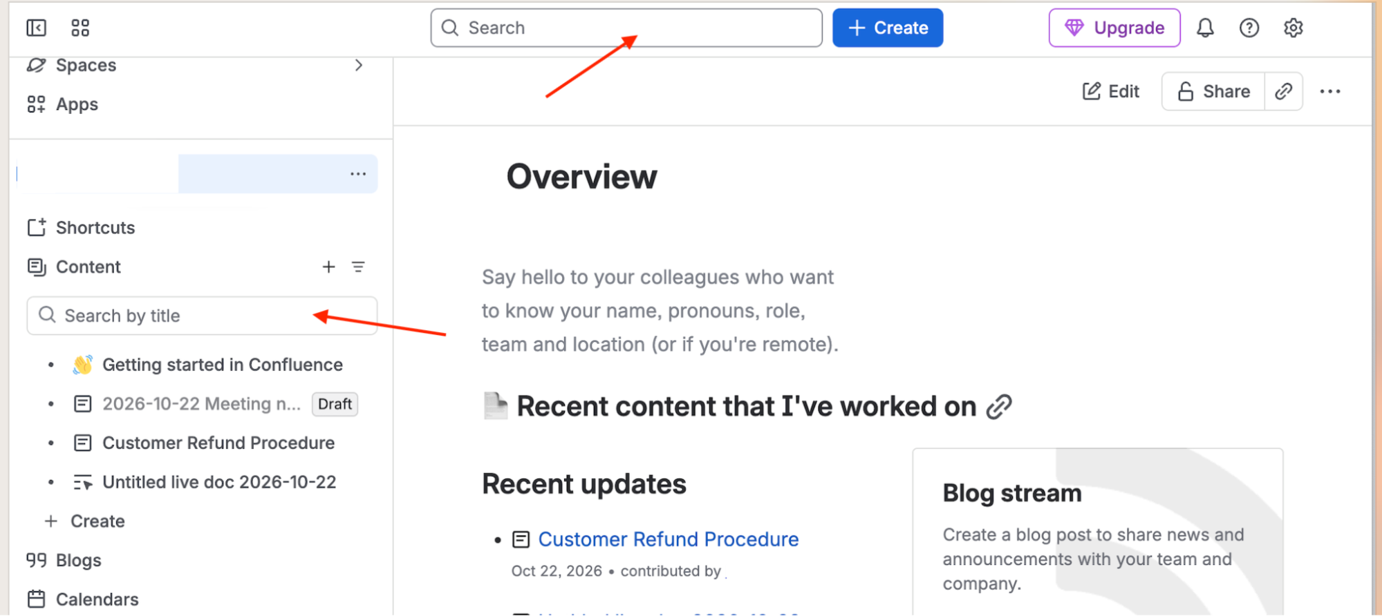 Confluence global Search and space Search by title fields highlighted.
