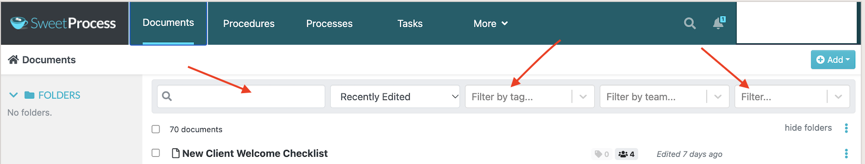 SweetProcess Documents list with name search, tag filter, and additional filter controls highlighted.