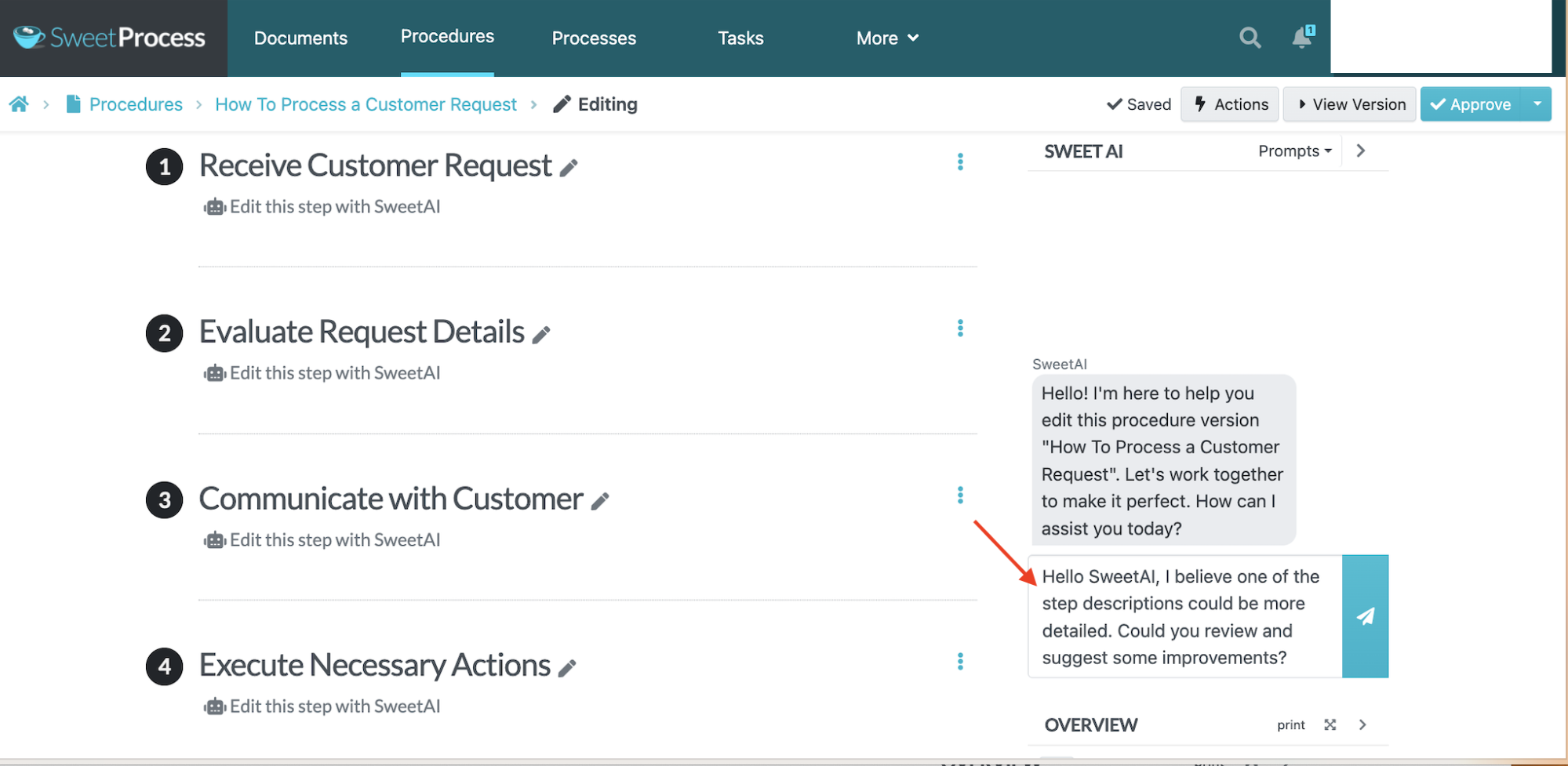 SweetProcess customer-request draft with four step headings and the SweetAI editing chat open.