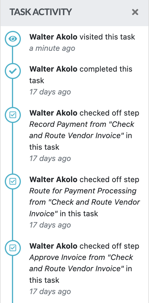 SweetProcess task activity recording completion and checked-off invoice-routing steps, with entries labeled 17 days ago.