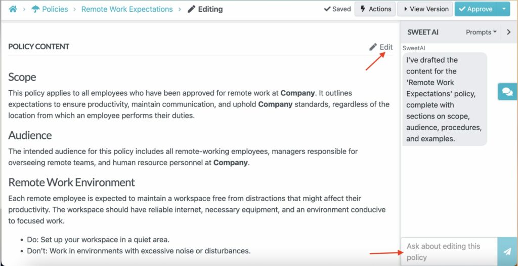 SweetProcess Logged In Dashboard displays how to edit the copy