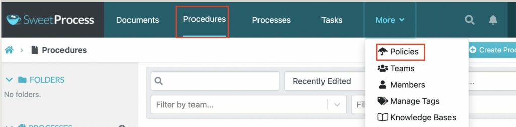SweetProcess Logged In Dashboard displays how to create procedure