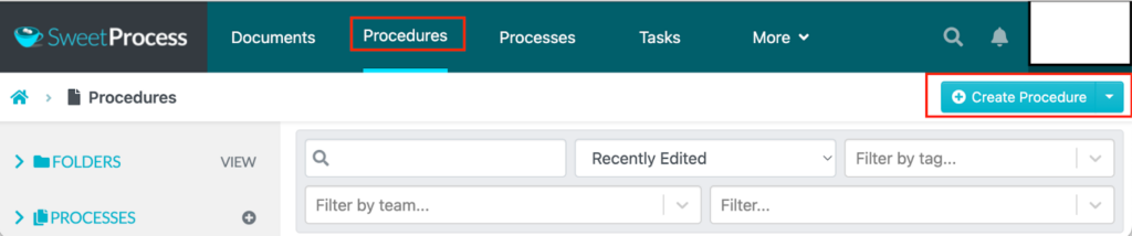 SweetProcess Logged In Dashboard displays how to navigate procedure tab