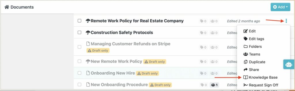 SweetProcess Logged In Dashboard Interface displays how to Transform Policies and procedures into knowledge bases