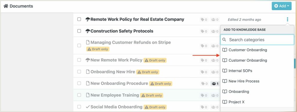 SweetProcess Logged In Dashboard Interface displays list of available knowledge bases