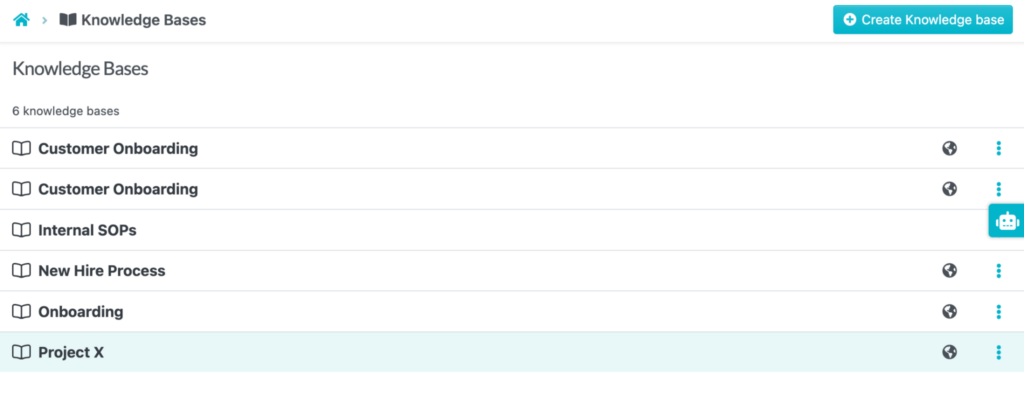 SweetProcess Logged In Dashboard Interface displays how to navigate to the “Knowledge Bases” tab to access the documents you need.