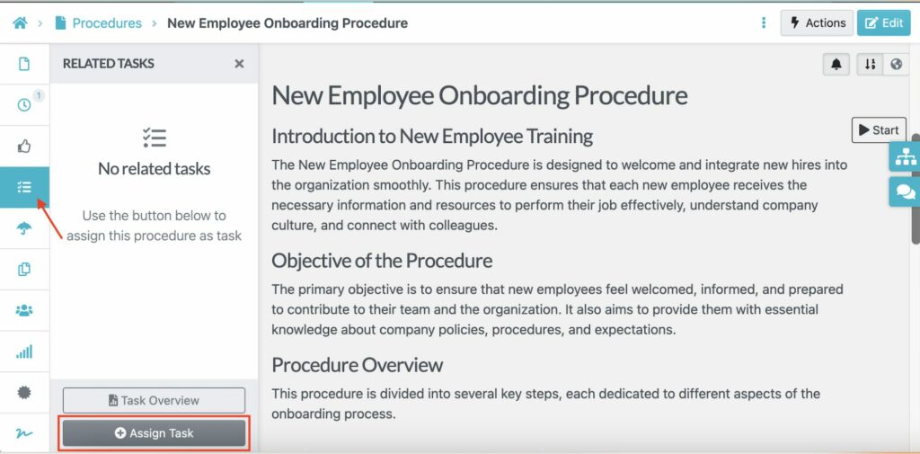 SweetProcess Logged In Dashboard Interface displays how to Assign Trackable Tasks