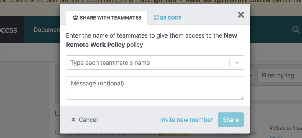 The SweetProcess Logged In Dashboard Interface also shows how to add specific team members' names to give them access.