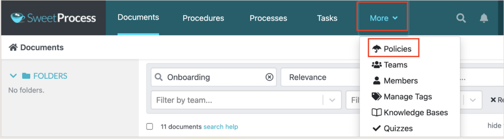 SweetProcess Logged In Dashboard displays how to navigate the policies tab