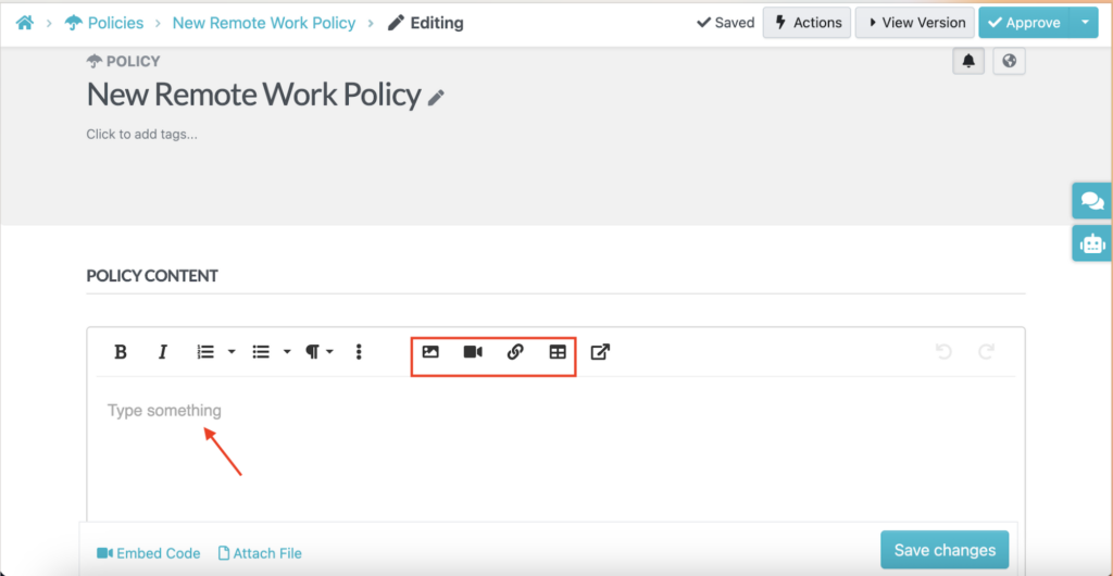 SweetProcess Logged In Dashboard displays how to add images, videos, and tables to make your policy more detailed
