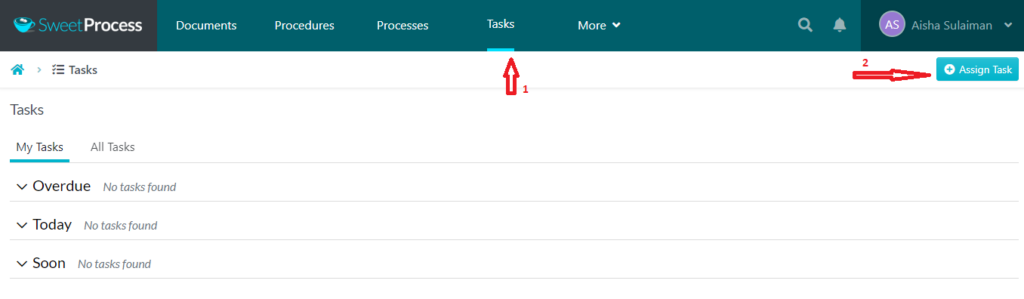 SweetProcess dashboard showing how to select the Tasks tab and click Assign Task