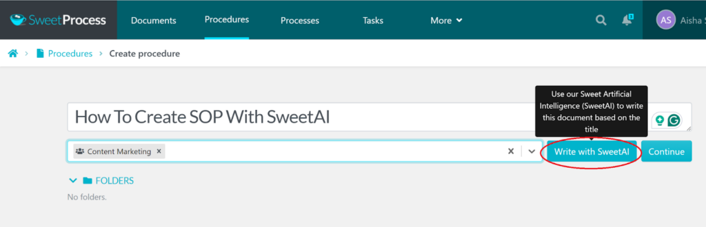 SweetProcess dashboard showing how to select the Procedure tab and click Write with SweetAI.