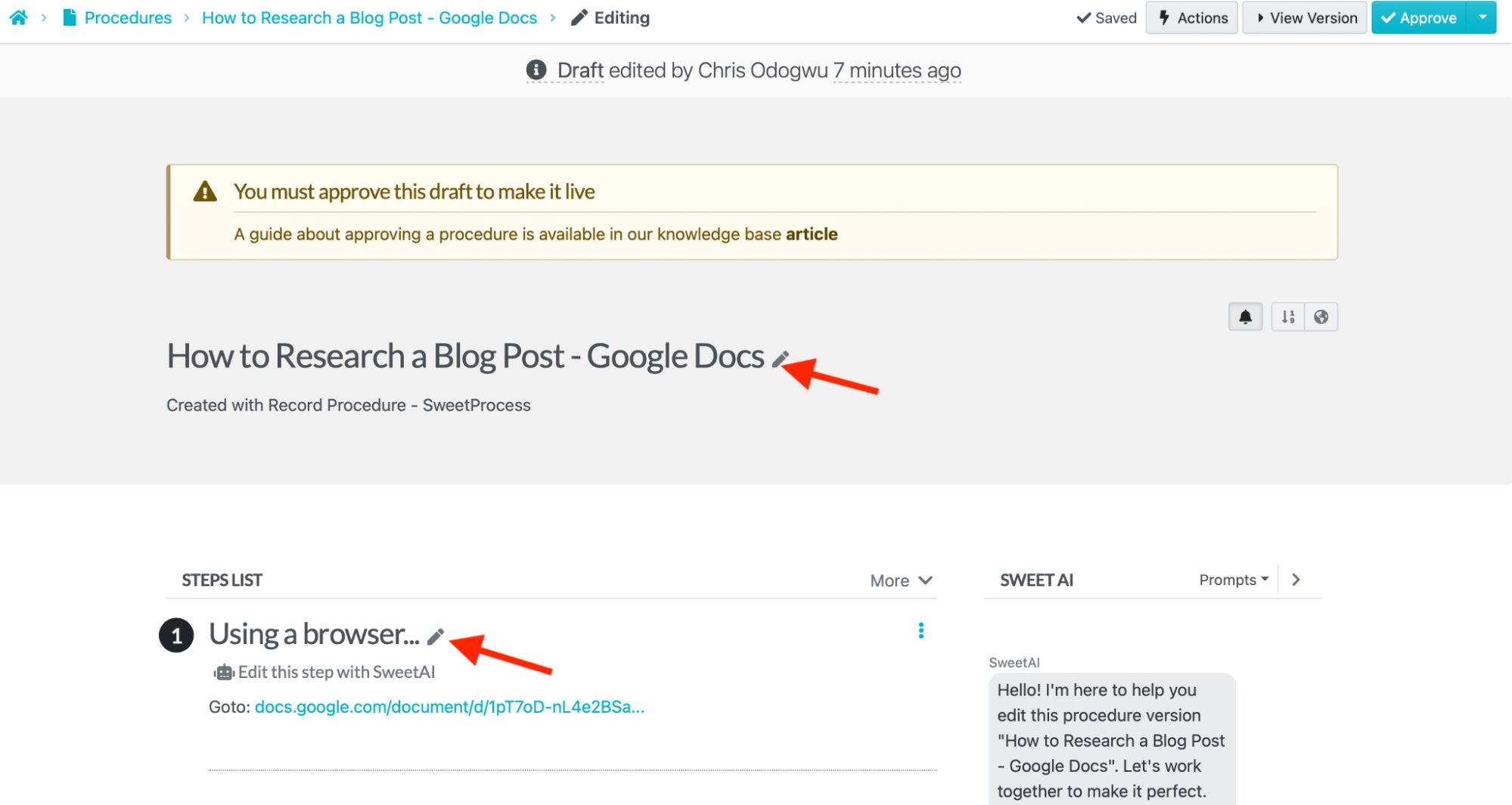 Click the pencil icon next to the title to access the steps for making edits.