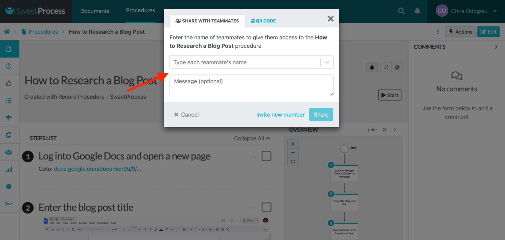 Click “Share” to share the document with select teammates.