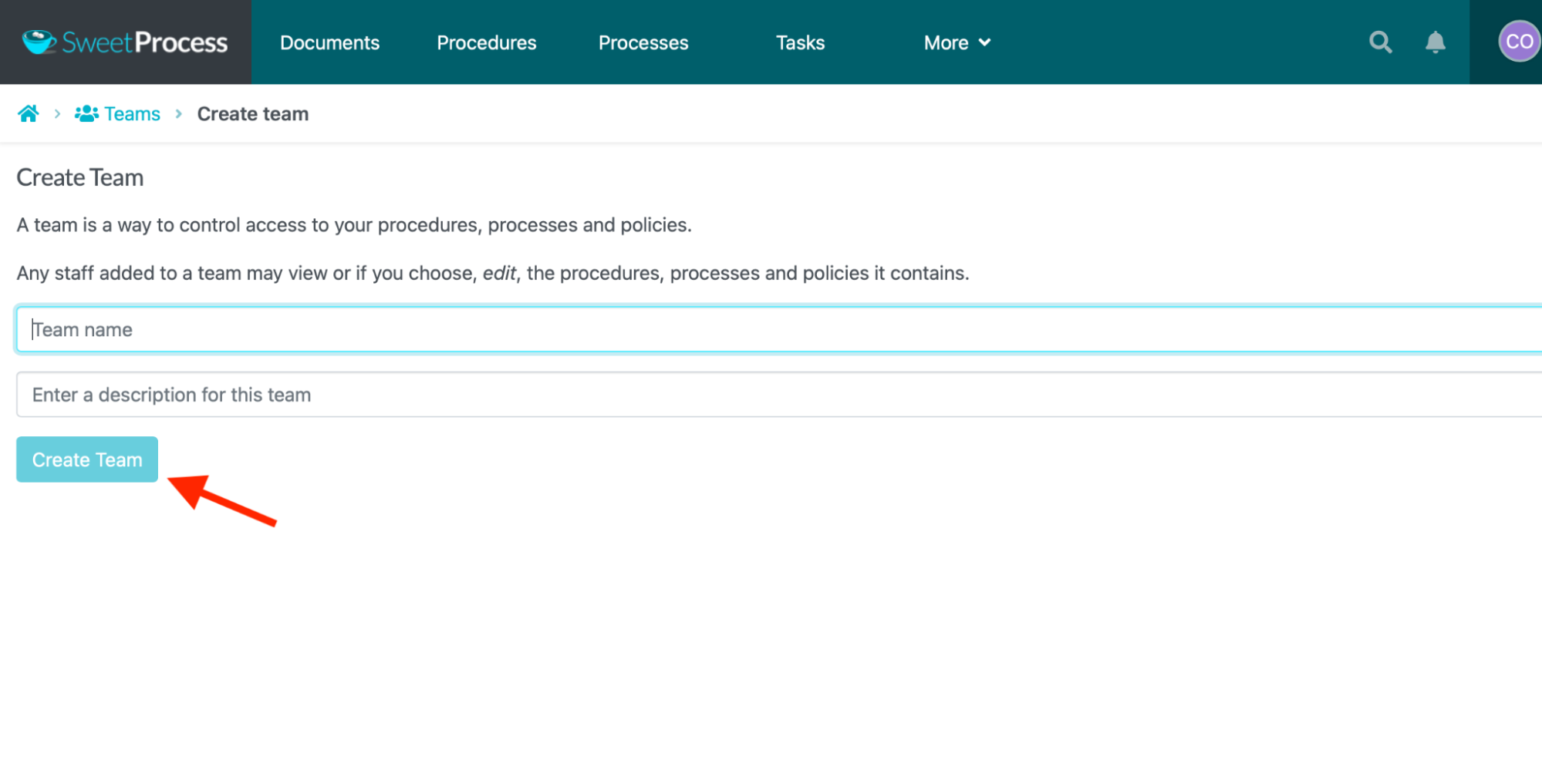 Enter the team details and click “Create Team.”