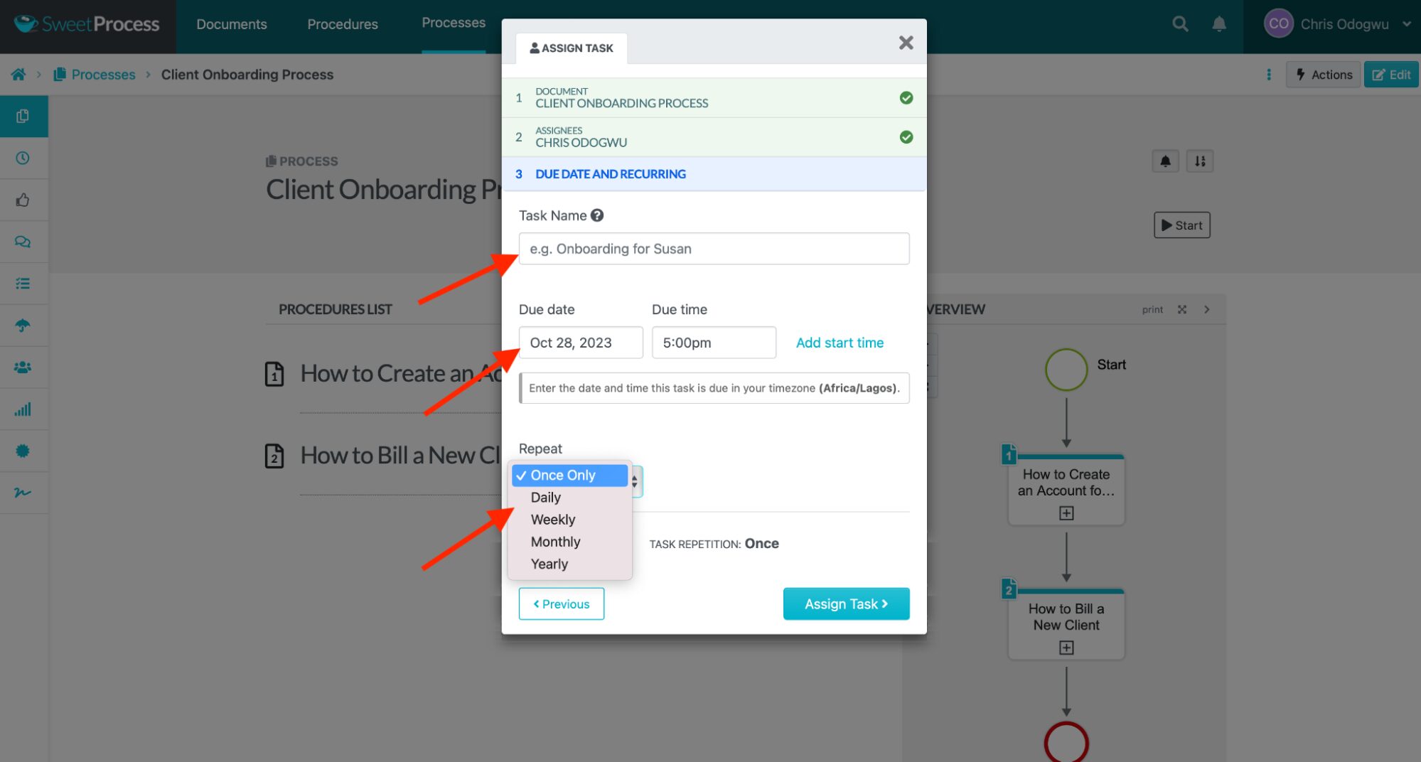 Fill in the task name, due date, time, and frequency, and click “Assign Task.”