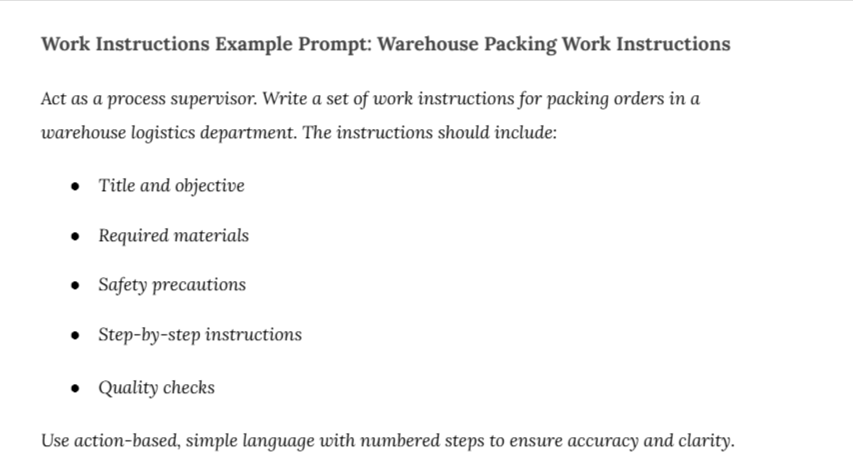 Work Instructions Example Prompt: Warehouse Packing Work Instructions