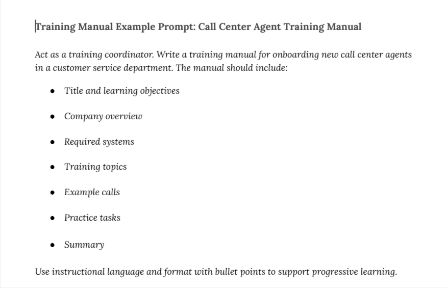 Training Manual Example Prompt: Call Center Agent Training Manual