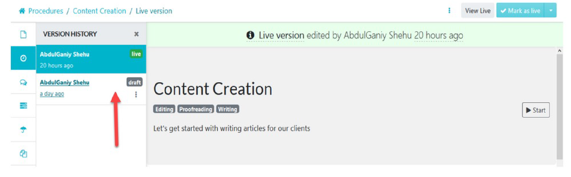 When the version history sidebar opens, select the draft of the procedure you want to approve.