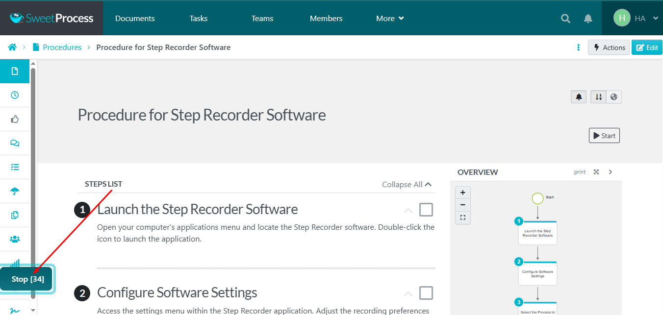 Click the "Stop" button at the bottom left of your screen to end the capture and record your procedures.