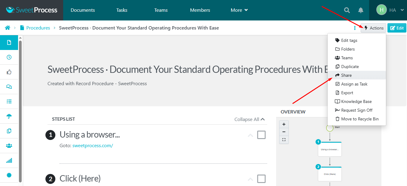 Click "Actions," select "Share" from the drop-down menu, insert the team name, and click "Share"