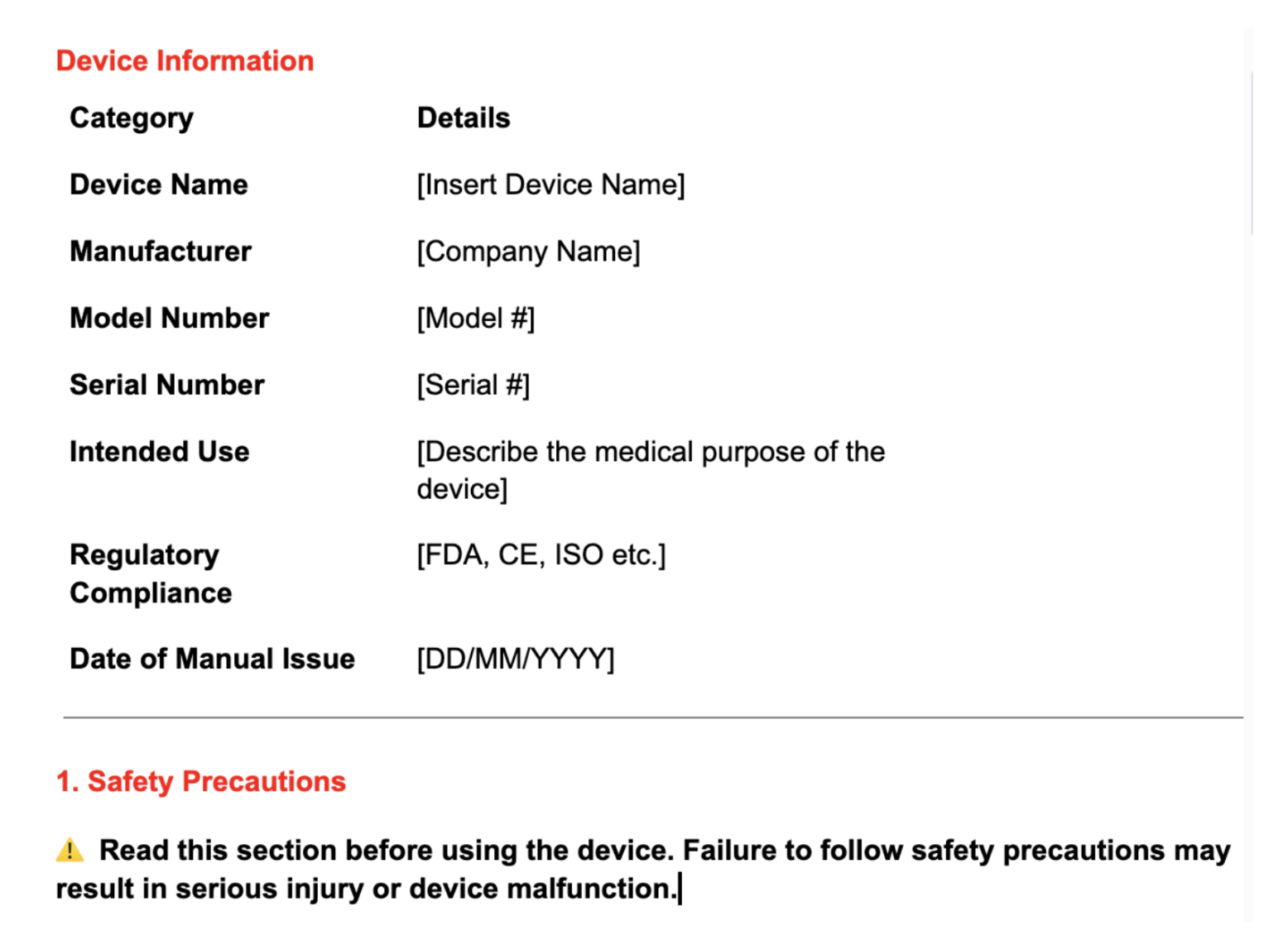 Medical Device User Manual Template